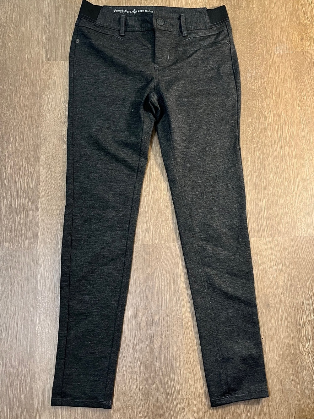 Vera Wang Charcoal Ponte Skinny Stretch Pants Elastic Waist Sides (PS)